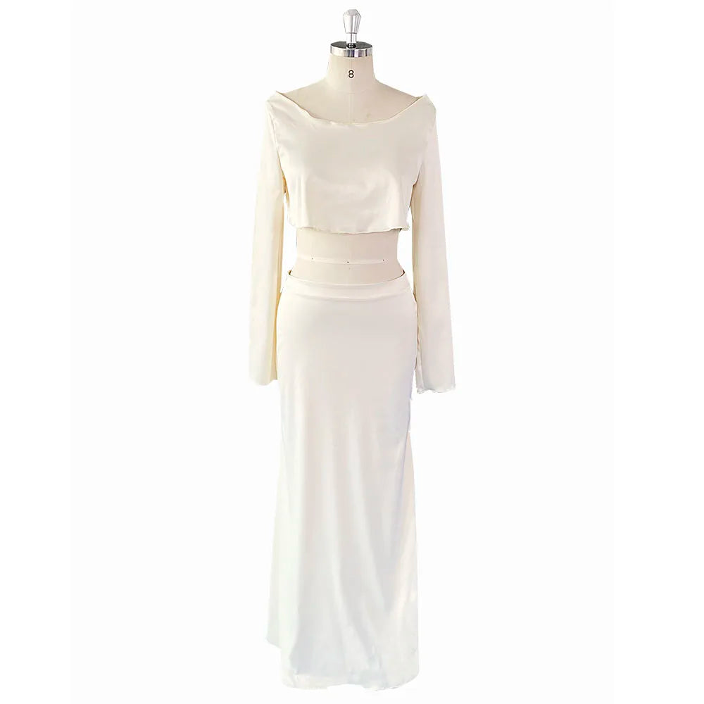 chinese dress ladies Rustic Long Sleeved Lace Crop Top Two Piece Wedding Dress
