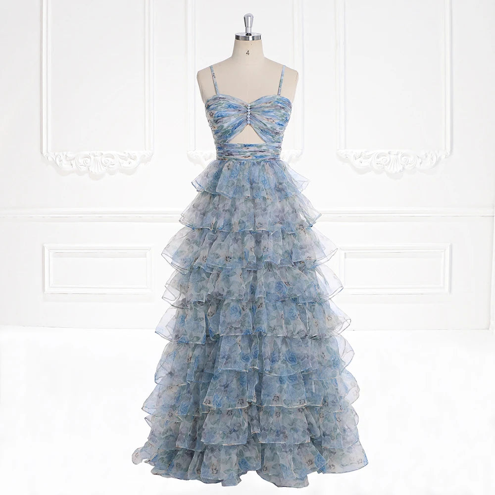navy blue dress for baby girl Zapaka Women Blue Tiered Elegant Homecoming Dress with Ruffles A Line Spaghetti Straps Tulle Short Prom Dress, Blue / US16W main image 1
