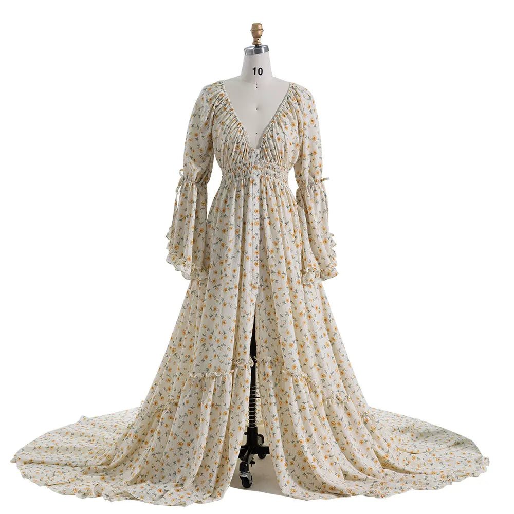 Floral Maxi Dress With Flowing Bell Sleeves