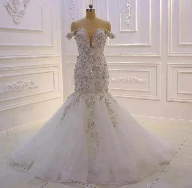 vintage lace wedding dress off the shoulder Vintage Off-The-Shoulder Lace Bridal Gown With Tiered Watteau-Style Tr –  Very Breezy main image 0