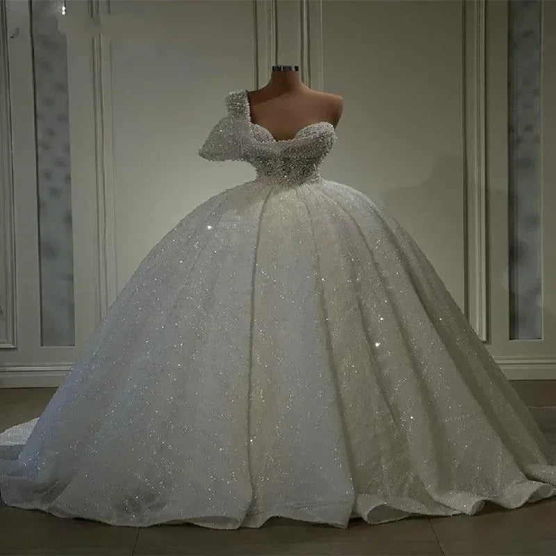 Red Bean Handmade Flowers Pearls Wedding Dress Luxury Off Shoulder Bridal Gown