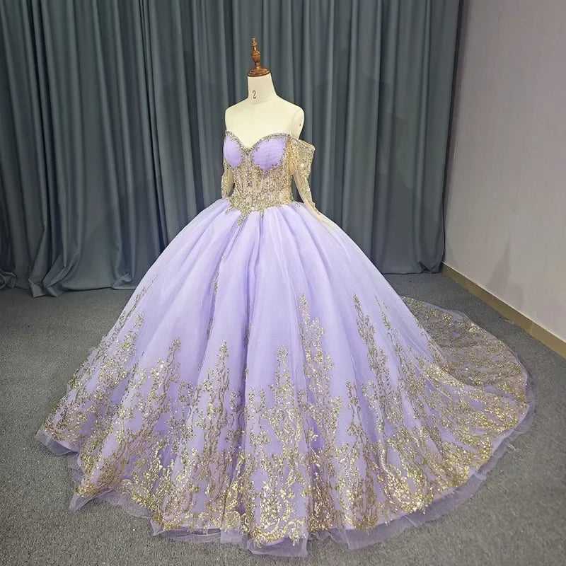Exquisite Lavender Ball Gown With Gold Embroidery