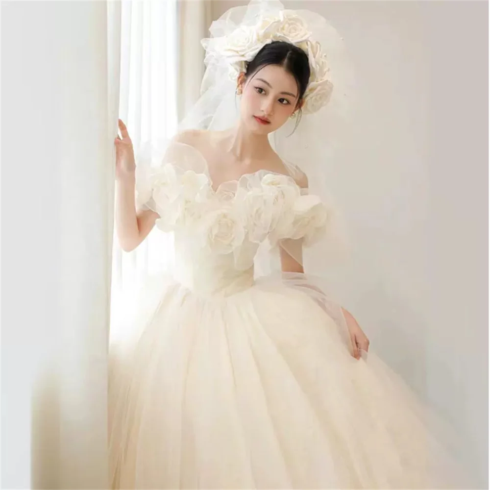 Boat Neck Lace Flowers Applique Wedding Dress Sweetheart Bridal Dress With Bridal Veil Sheer Tulle Long Bridal Gowns Robe 017