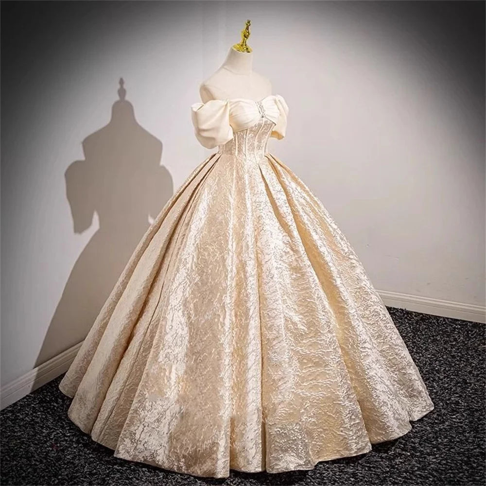 Luxurious Off-shoulder Cream Brocade Ball Gown