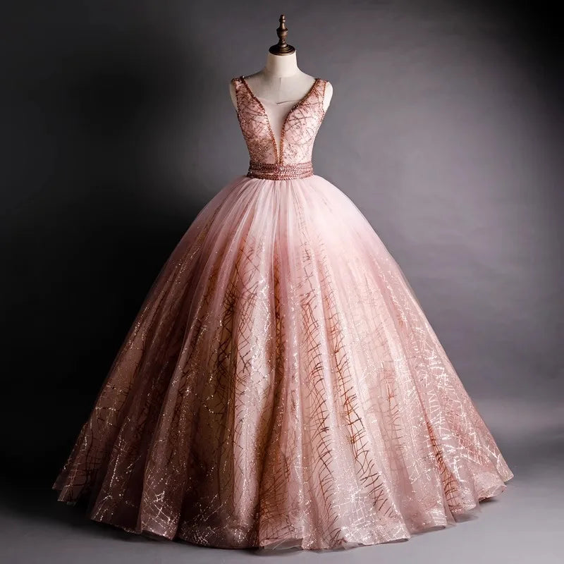Blush Pink Lace V-neck Ball Gown Dress on Luulla