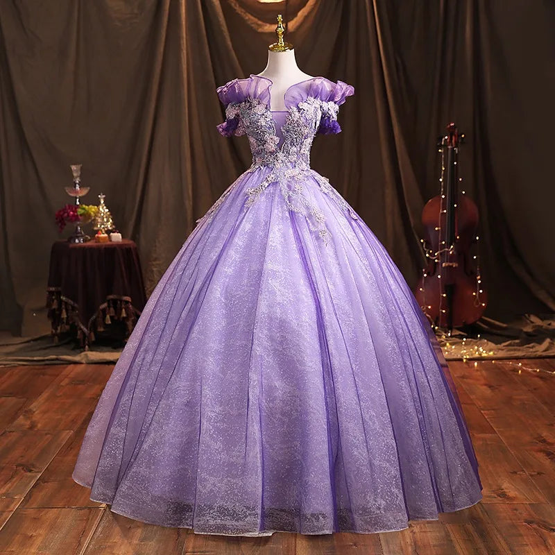 Exquisite Lavender Ballroom Gown With Floral Lace