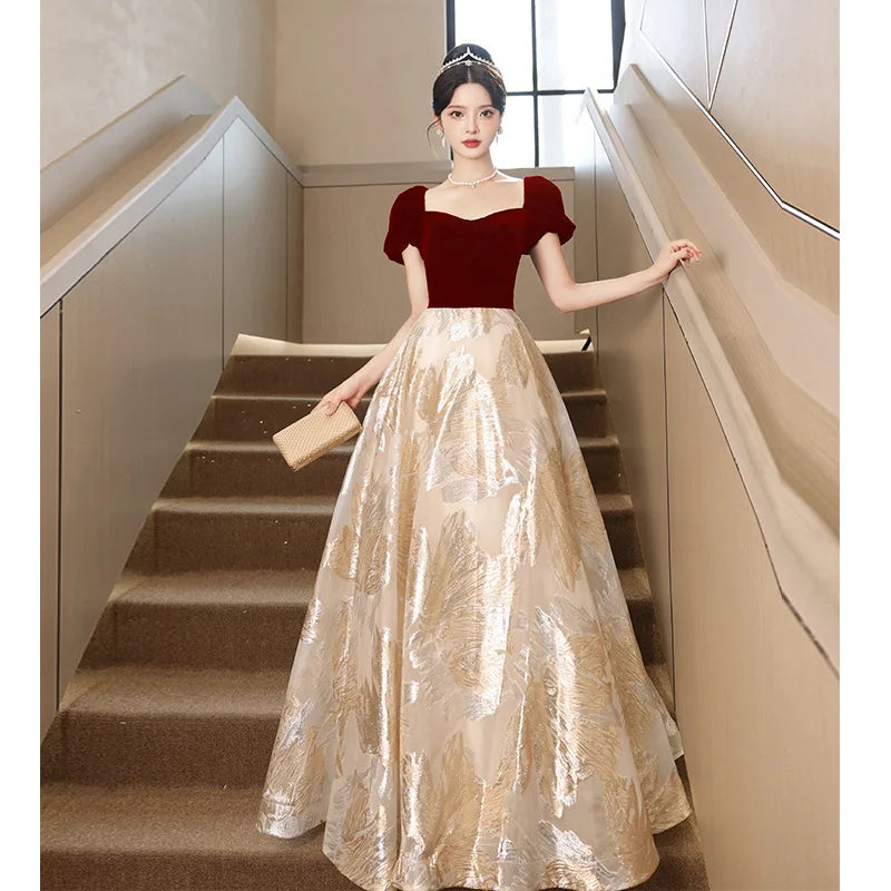 Velvet Bodice Gown With Floral Brocade Skirt