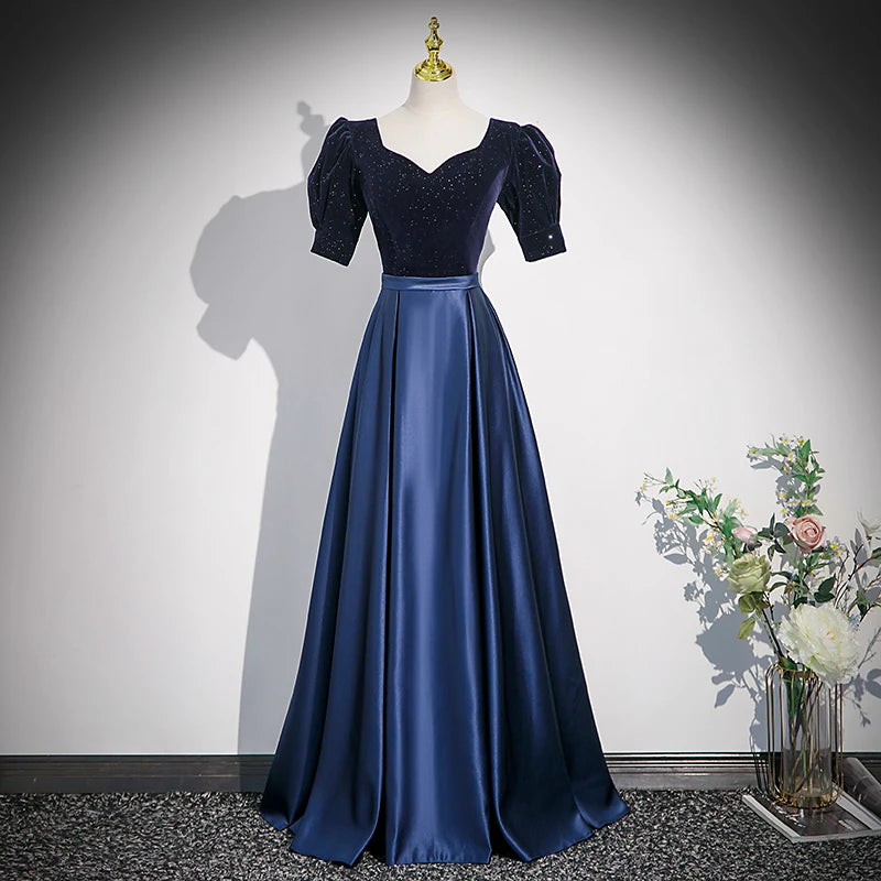 Navy Satin Gown With Puff Sleeves Design on Luulla