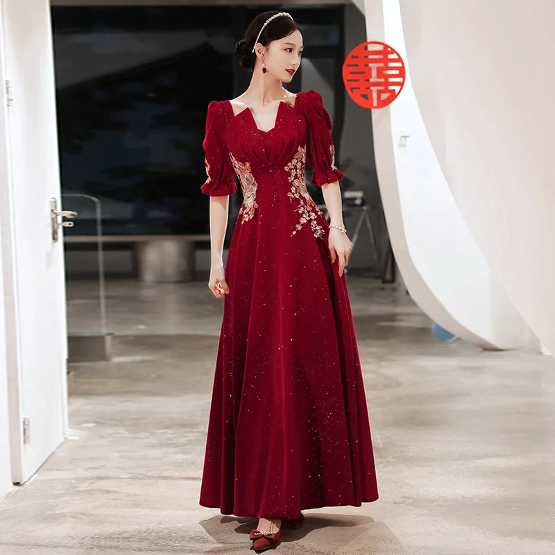 green emerald velvet dress Fabienne Dress in True Red Embroidery – SALONI main image 1
