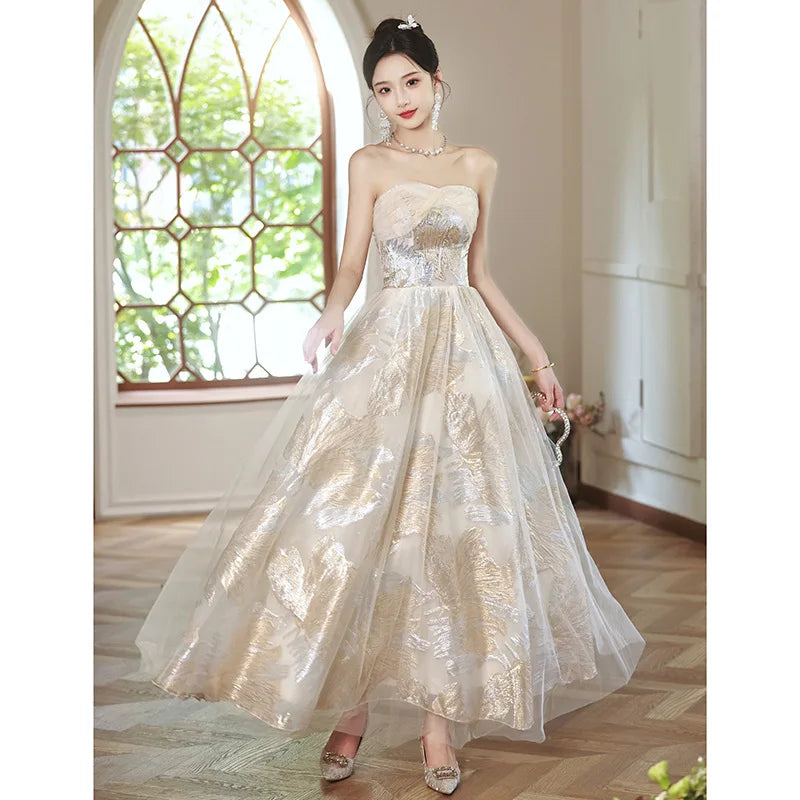 Strapless Gold A-line Dress With Floral Design