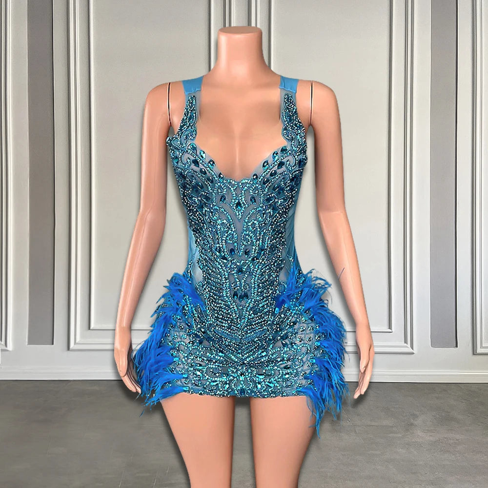 Blue Sequin Feather Embellished Mini Dress