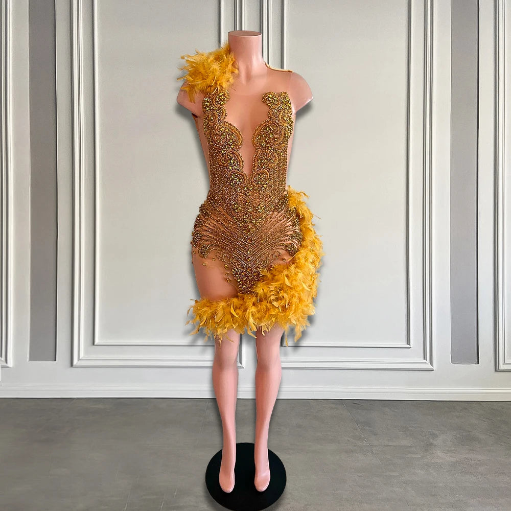 Gold Sequined Feather-accented Strapless Mini Dress on Luulla
