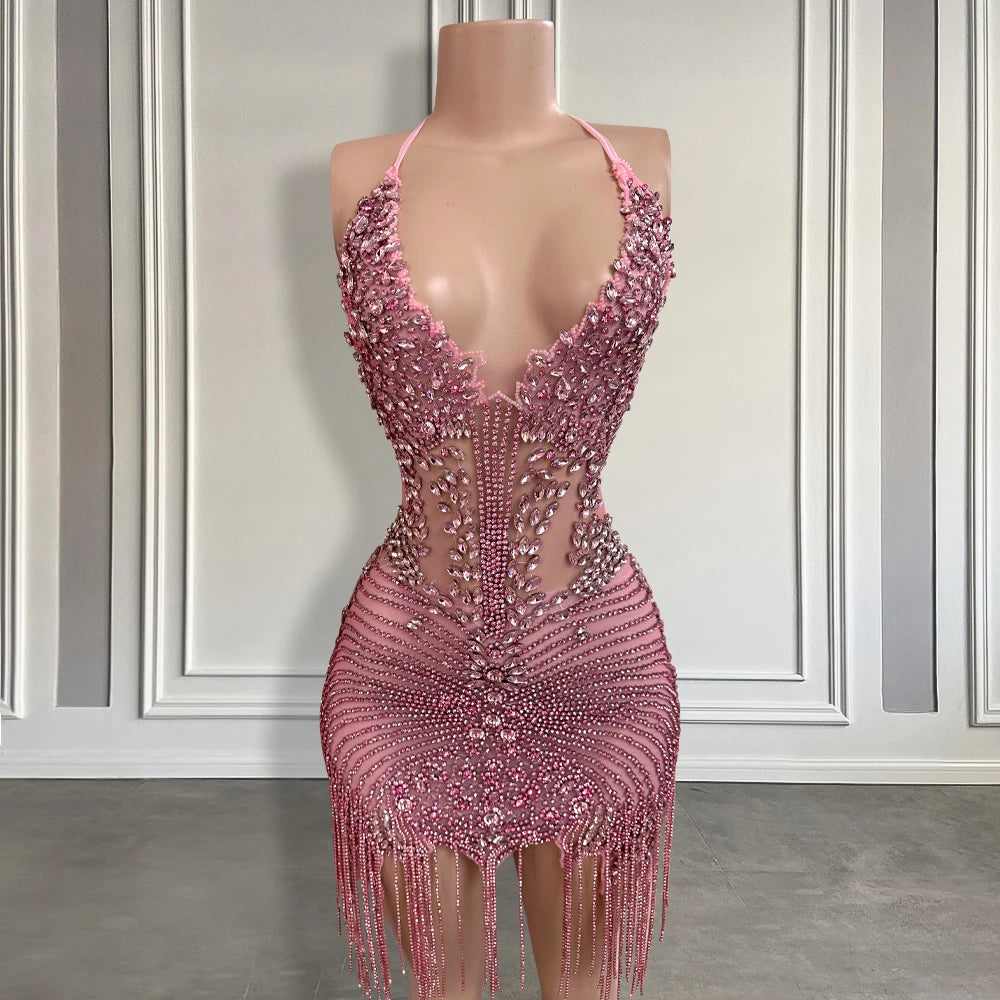 Sparkling Halter Neck Beaded Fringe Mini Dress