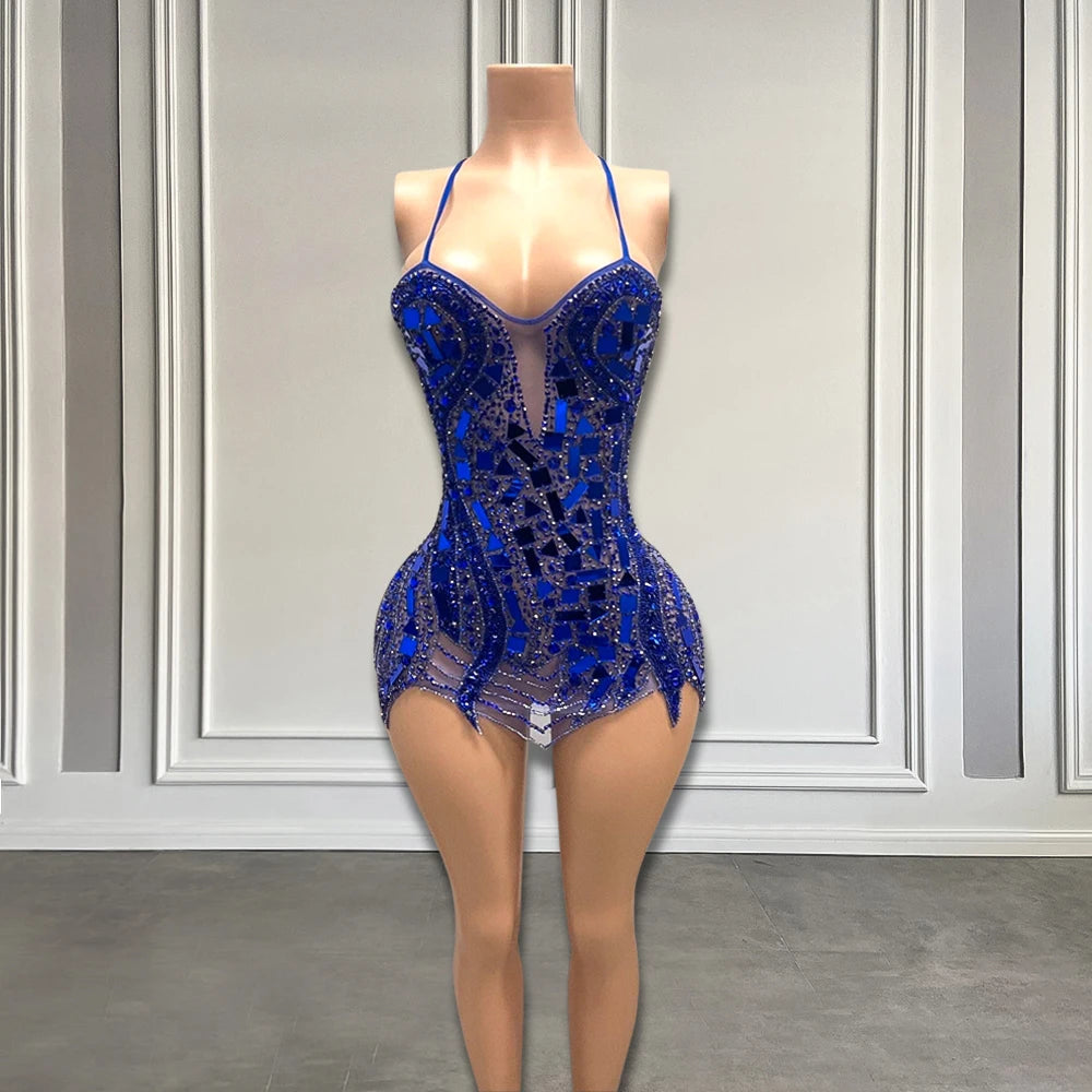 Sexy Blue Sparkly Rhinestones See Through Mini Birthday Cocktail Party Dress Black Girls Luxury Short Prom Gowns 2024 Customized