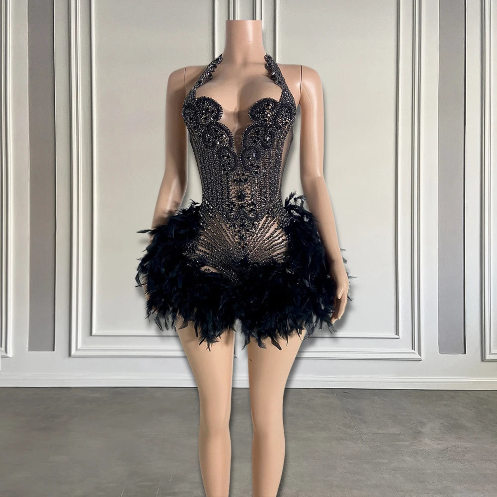Luxurious Black Feather Embellished Lace Corset Dress on Luulla