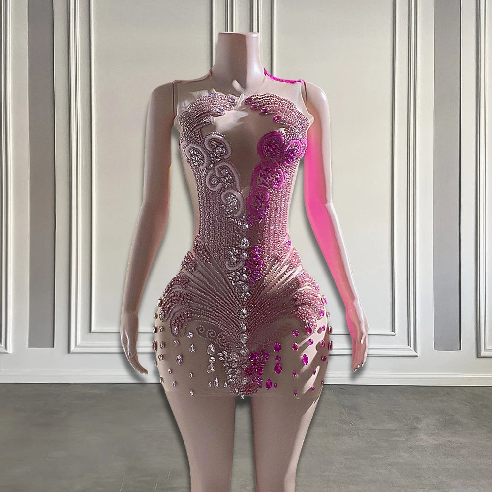 sheer bodycon dress Sleeveless Fringed Hem Mini Bodycon Dress In Metallic Pink Sheer Knit | EGO  US