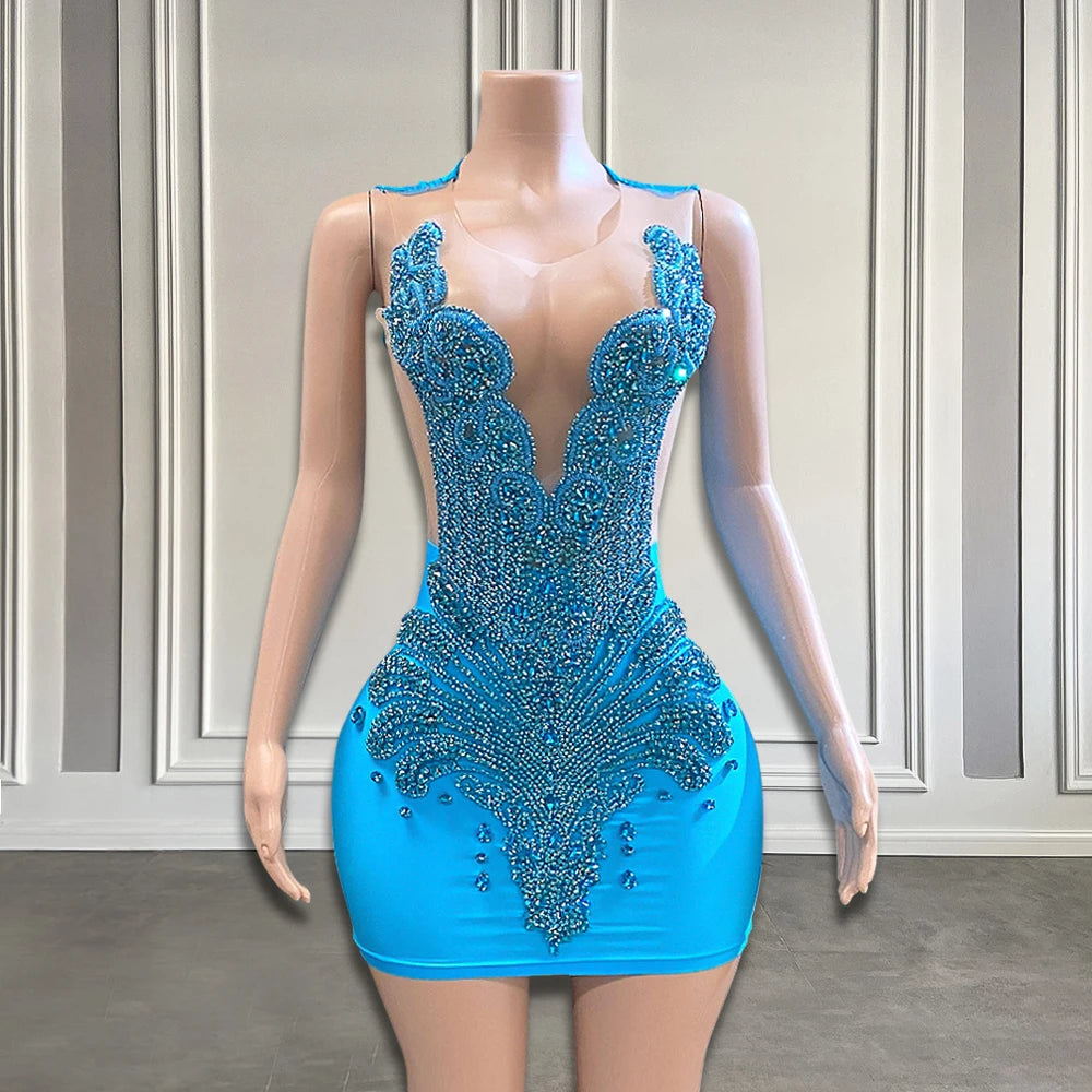 Dazzling Blue Rhinestone Deep V Neck Dress