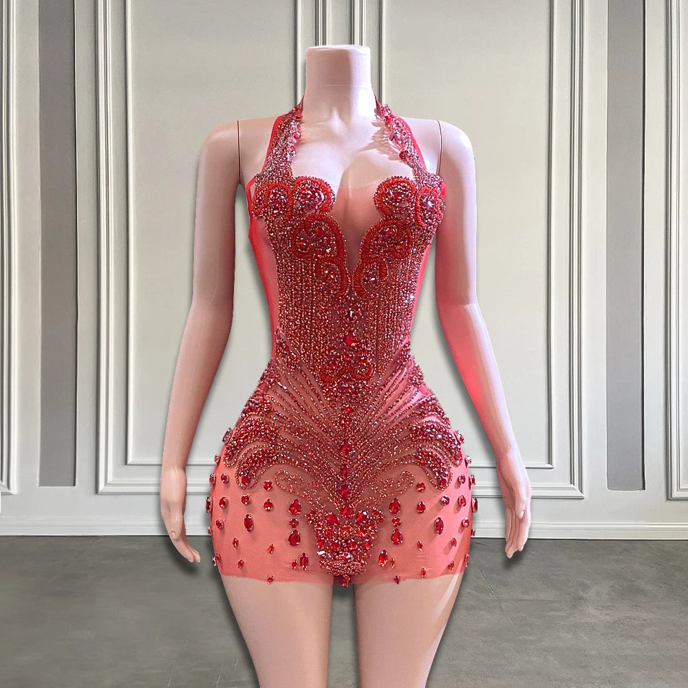Sparkling Red Halter Mini Dress with Sequins