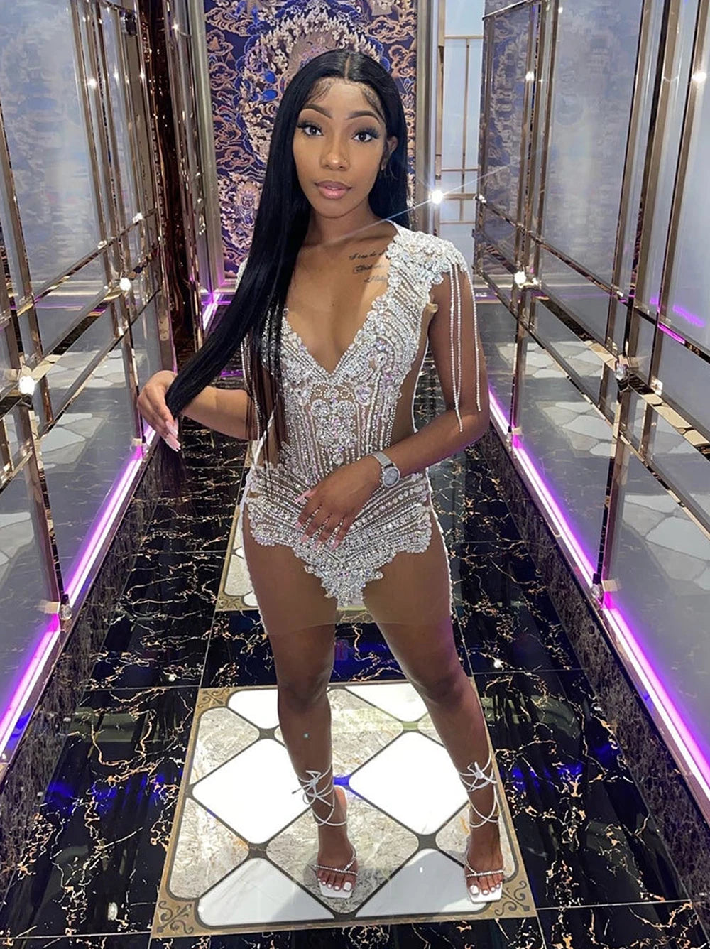 Rhinestone-embellished Transparent Bodycon Dress For Women on Luulla