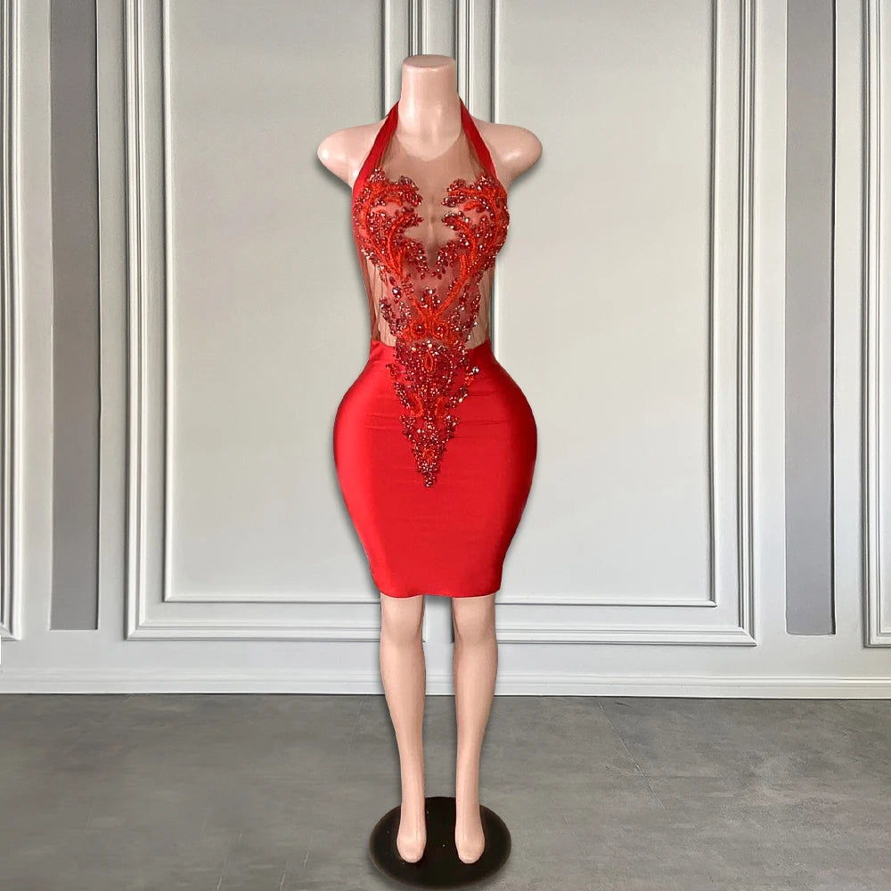 Red Rhinestone Short Prom Dresses For Black Girls Sexy Halter Customized African Birthday Party Women Homecoming Gowns 2025