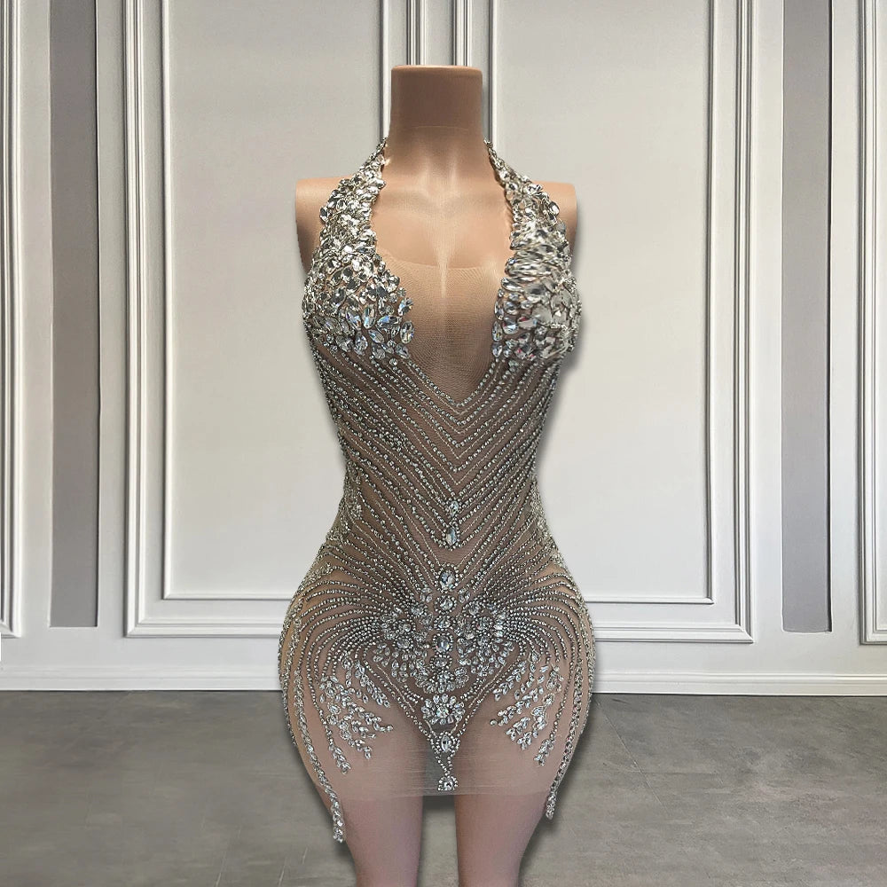 Sparkling Silver Rhinestone Mesh Halter Bodycon Dress on Luulla