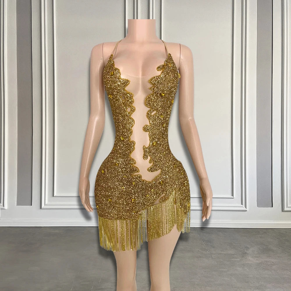 slim fit dress slacks Jaded London Lavinia Fringe Dress in Metallic Gold main image 0