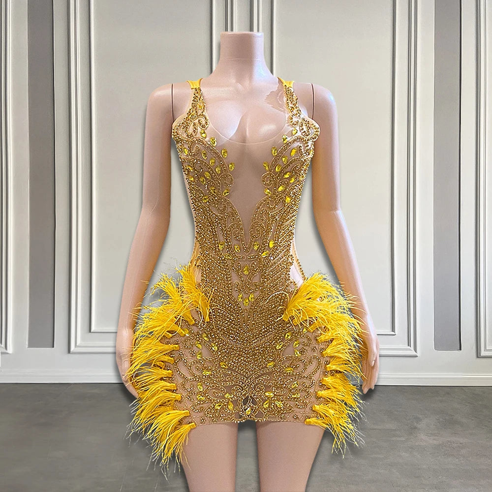feather dress gold Lois Strapless Sequin Feather Trimmed Maxi Dress In Gold