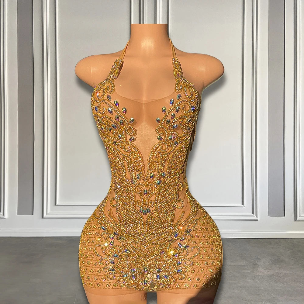Gold Rhinestone Halter Dress With Sheer Illusion on Luulla