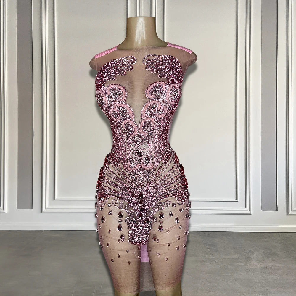 Exquisite Rhinestone Embellished Sheer Pink Party Dress on Luulla
