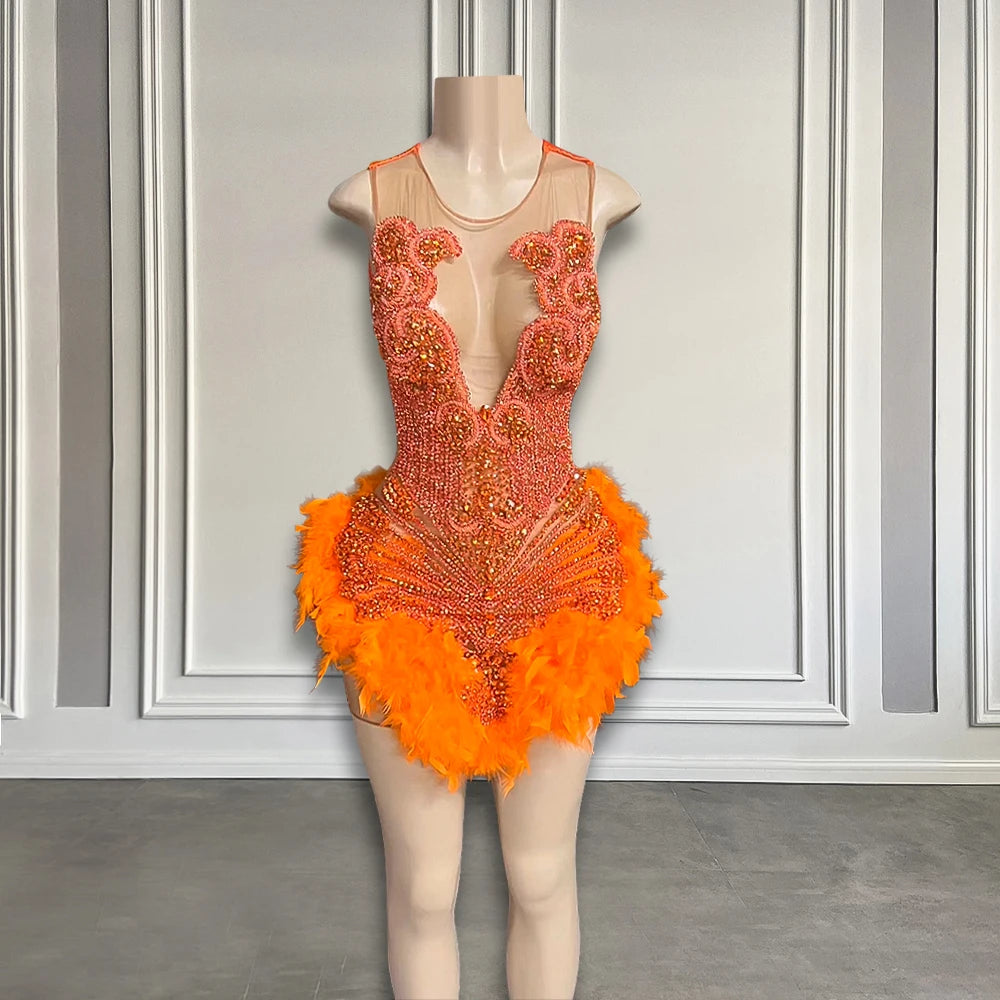 Orange Floral Beaded Dress With Feather Skirt