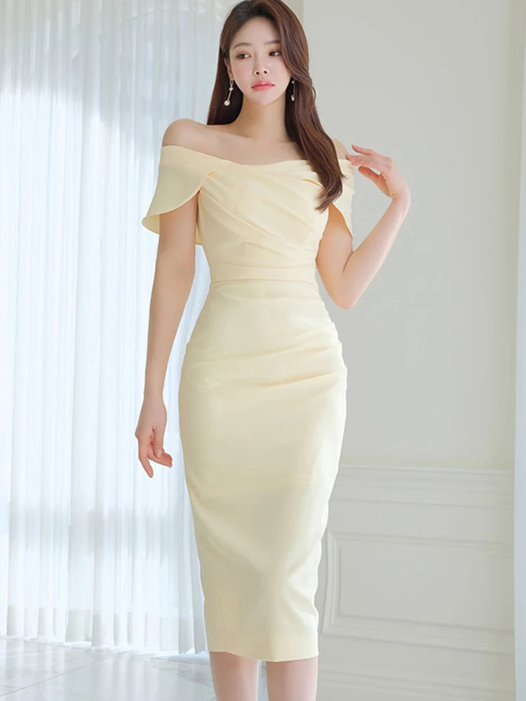 beige off the shoulder midi dress Shushu/Tong Khaki Bow Off-Shoulder Midi Dress Khaki / UK6 main image 0