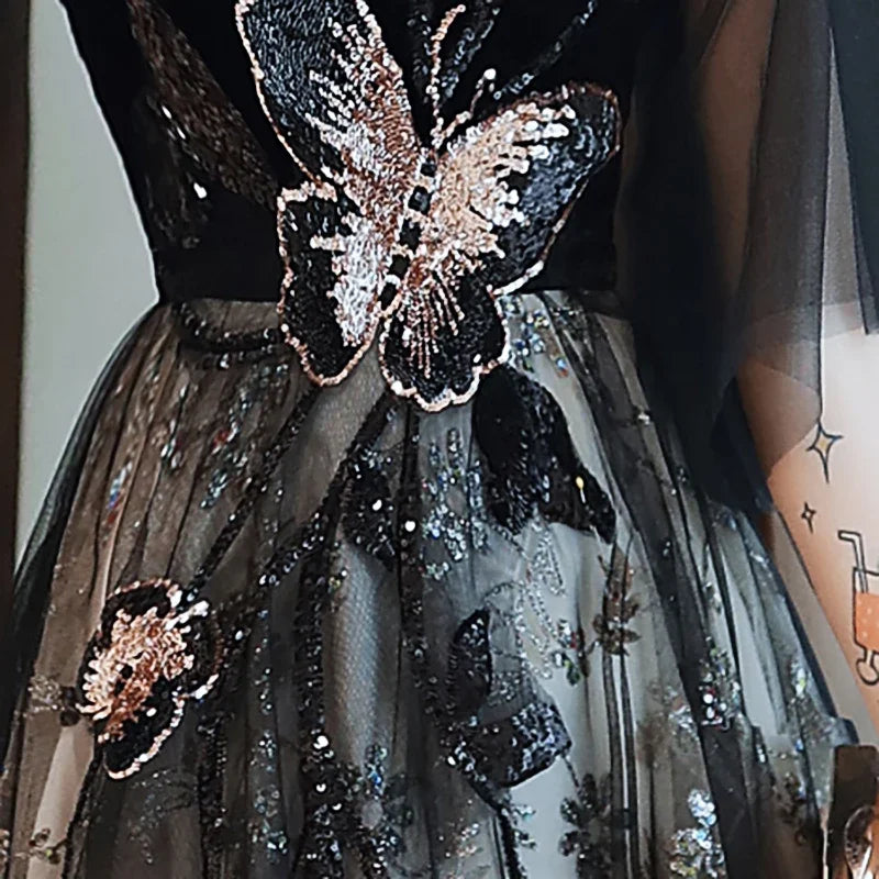Elegant Black Evening Gown with Floral Accents main image 1