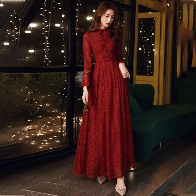 knee length dresses for ladies Petal & Pup Women's Keani Long Sleeve Lace Gown - Red