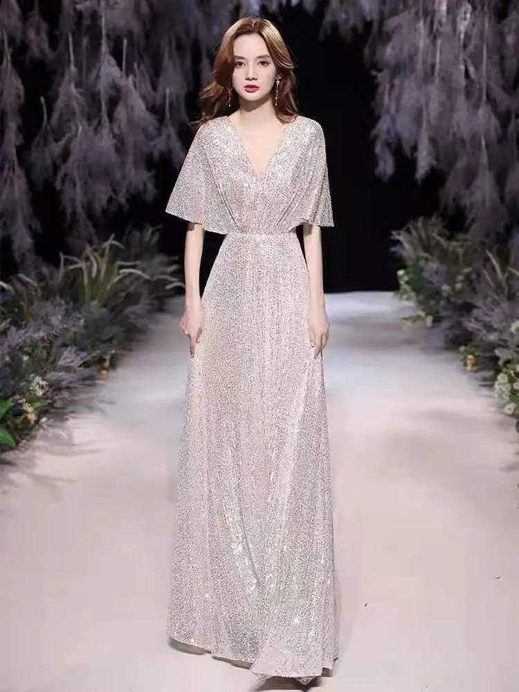 Sparkling V-neck Gown With Butterfly Sleeves