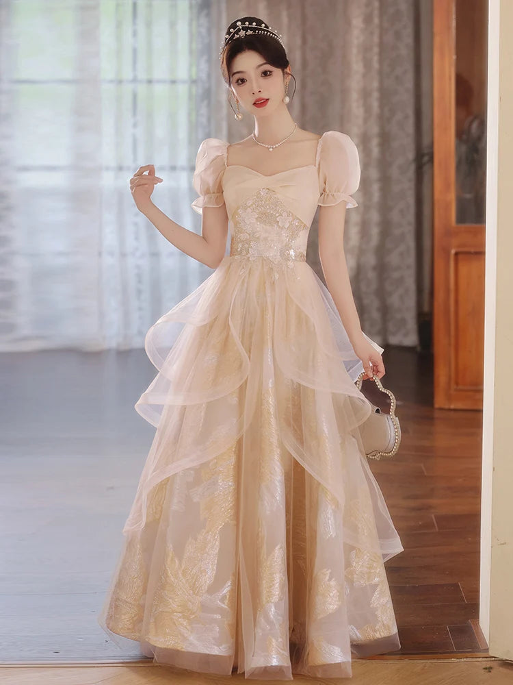 Vintage Layered Tulle Dress With Puff Sleeves