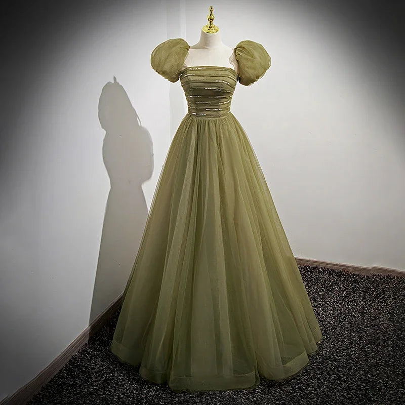 olive green vintage dress Vintage Olive Green Prom Dress A-Line Short-sleeve Evening Dress Long –  DSProm main image 1