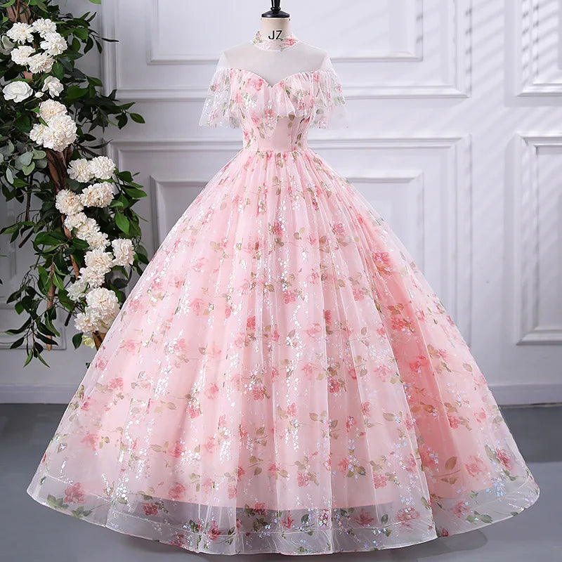 Romantic Poofy Pink Floral Wedding Dress Off The Shoulder Ball Gown Quinceanera Dress main image 0