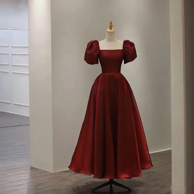 burgundy puffy dress Miss Circle Women Mabel Burgundy Drop Waist Layered Mesh Midi Puffy Dress with Bow