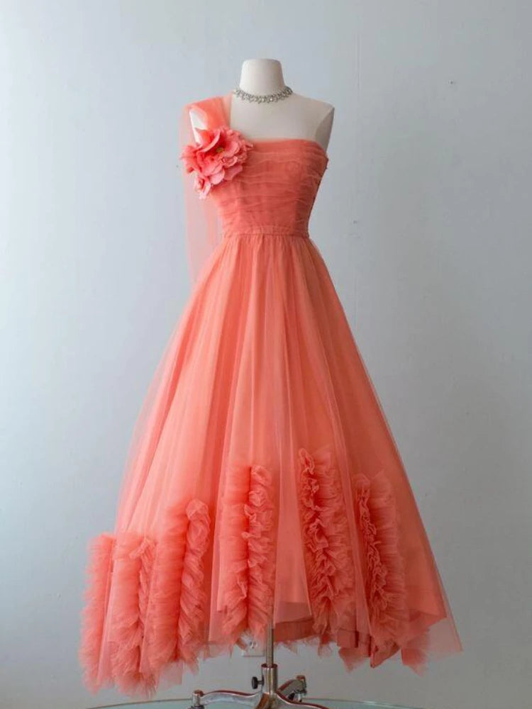 Strapless Coral Dress With Floral Tulle Skirt on Luulla