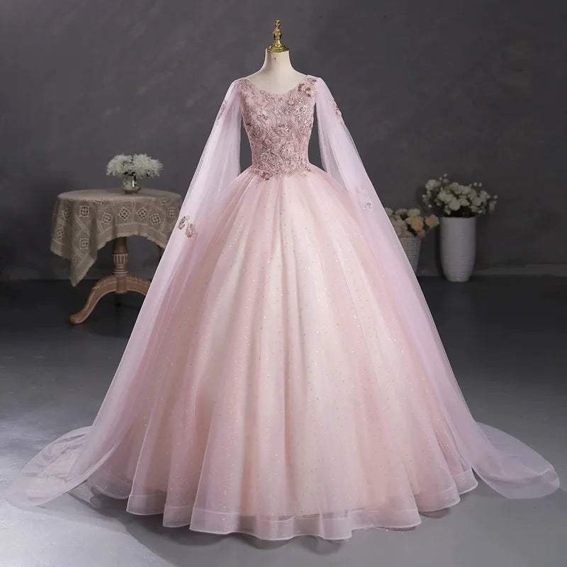 Blush A-line Wedding Dress With Lace Sleeves