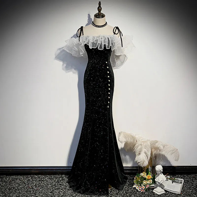 Off-Shoulder Black Velvet Gown with Ruffles