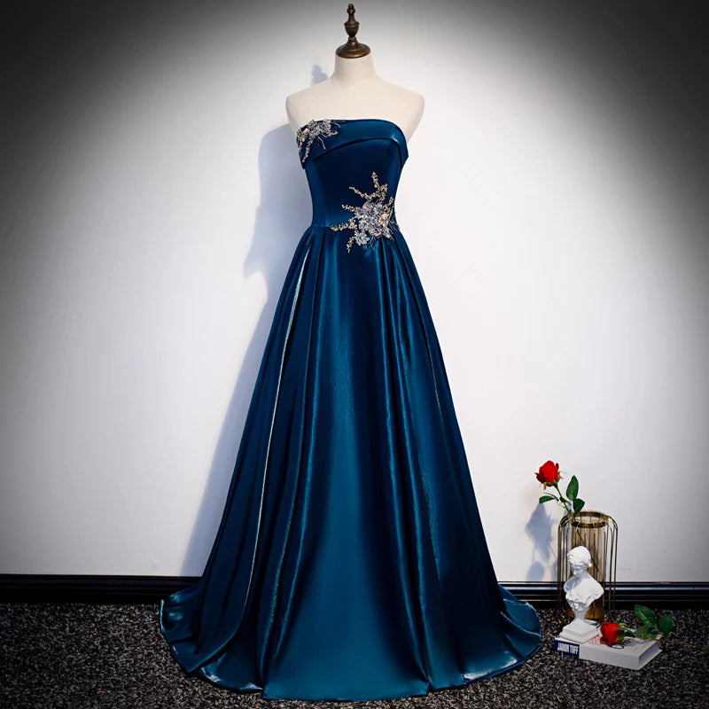 Strapless Blue Gown With Silver Floral Embellishments