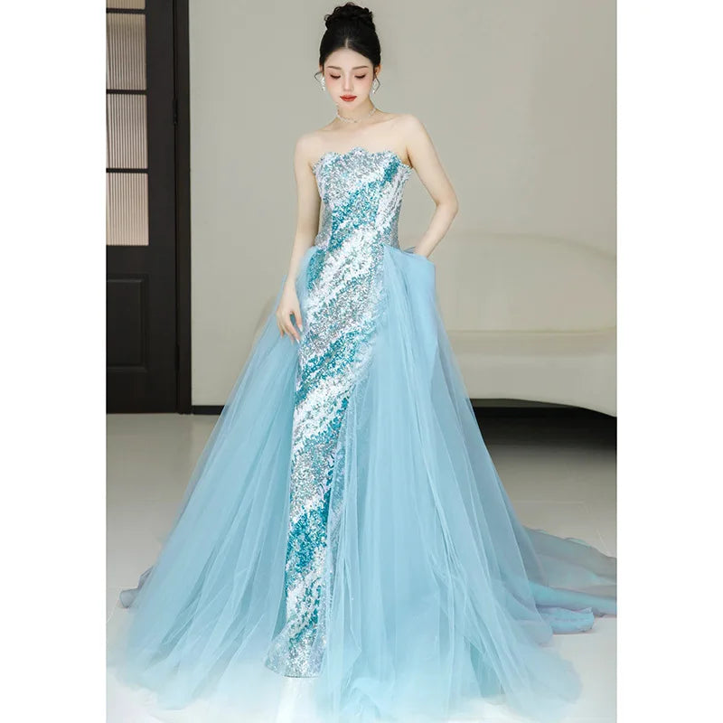 blue sparkly long sleeve dress Sequin-Tulle Long Formal Dress with Strappy Open Back main image 1