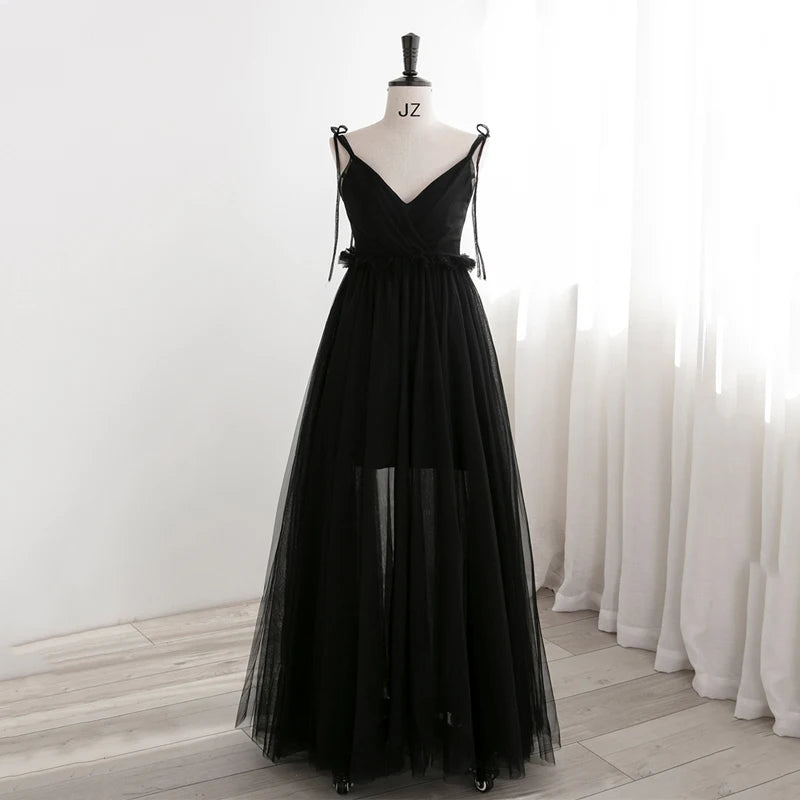 Stunning Black Tulle Gown With Tie Straps