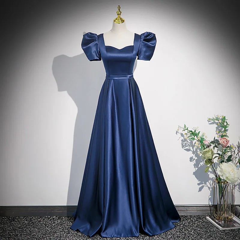 Navy Satin Puff Sleeve Formal Gown