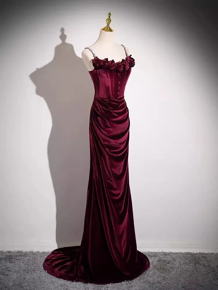 Burgundy Satin Corset Gown With Ruffled