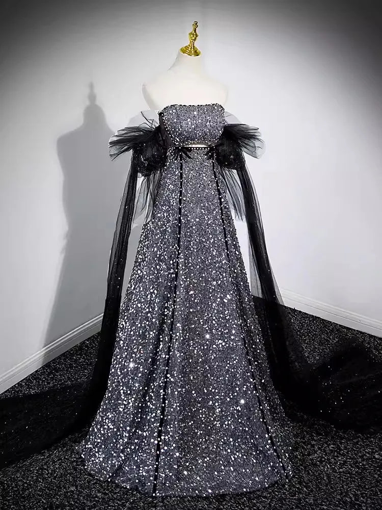 open lace back dress Shiny Beaded V-neckline Grey Long Low Back Floor Length Party Dress, G –  Cutedressy main image 0