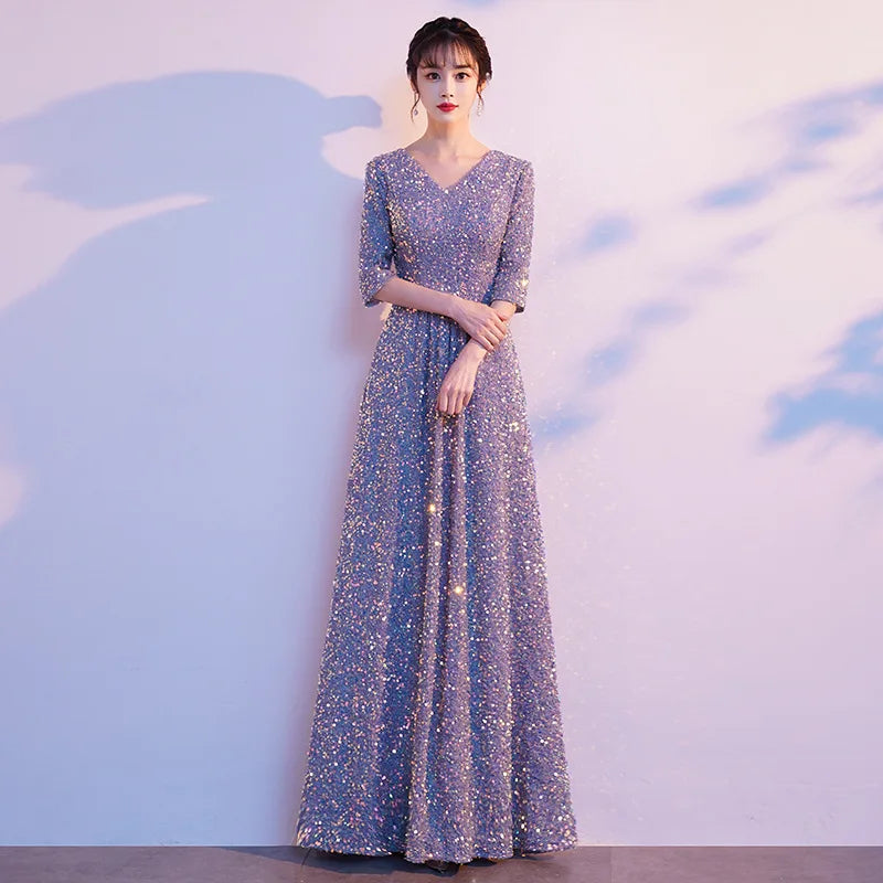 Wyhs-123#long Evening Dresses Sequins Golden Graduation Gown Party Prom Red Gary Blue Customize Plus Size Wholesale In