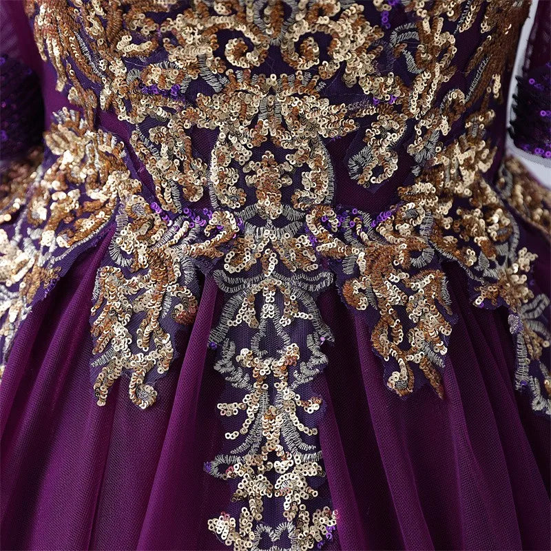 purple dress with gold embroidery Sunnypetal Deep Purple Tulle Flower Girl Dresses V-Neck Gold Embroidery  Pageant Ball-Gown