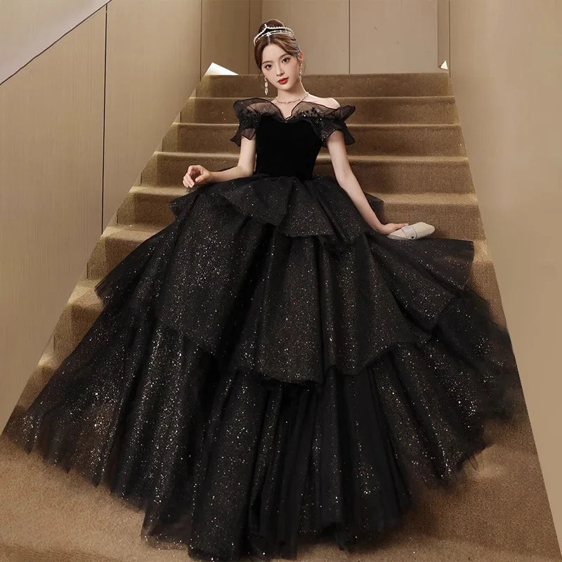 black tulle layered dress Custom Black Wedding Dress with a Deep V Neckline and Layered Tulle